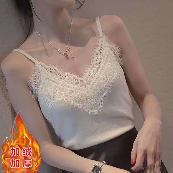 Cross-border Autumn and Winter Lace V-neck Top Warm Camisole Women's Fleece-lined Thickened Sleeveless Knitted Base Shirt