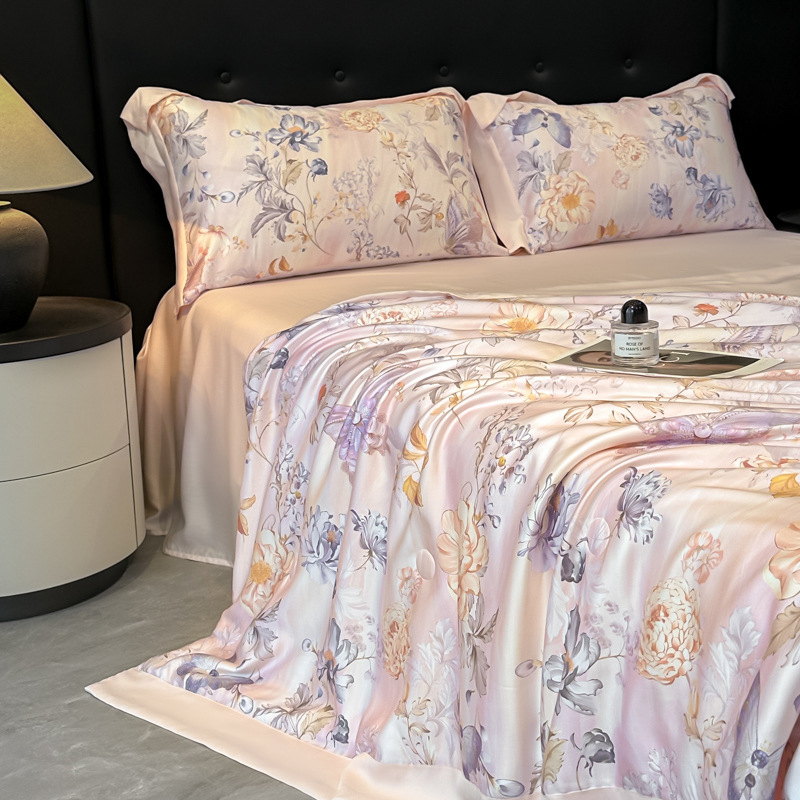 Picture of Super Cool Lenzing Tencel Summer Cool Quilt Four-Piece Set A-Type Pink Floral Ice Silk Air-Conditioned Quilt Thin Quilt Machine Washable 4