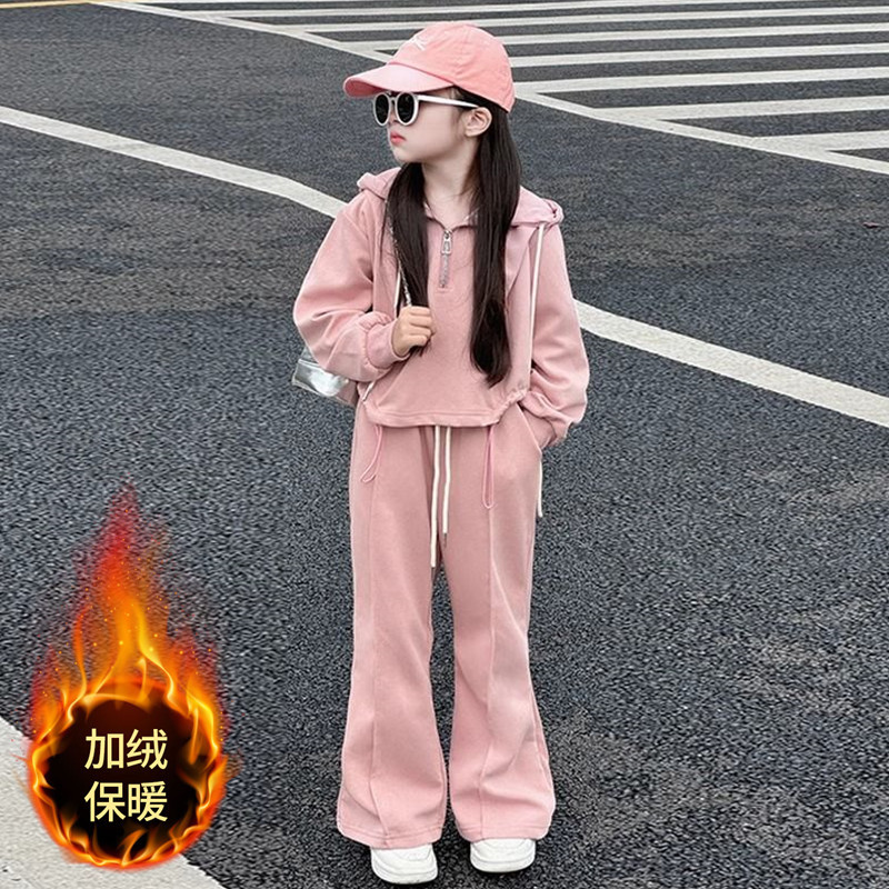 Girls' Warm Sports suit New Autumn Dress Girls' Loose Western Style Hooded Jacket Autumn and Winter fleece-lined Two-piece Set