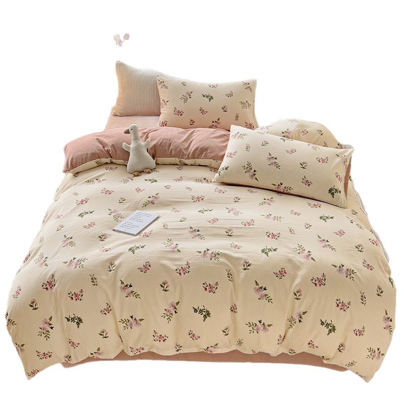 Picture of Class A Maternal and Infant Grade Fresh Small Zhu Cotton Four-piece Set Washed Cotton Bed Sheet Quilt Cover Three-piece Set for Student Dormitory