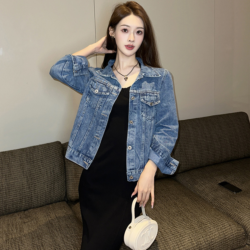 Korean-style Women's Denim Jacket Long-sleeved Single-breasted Spring and Autumn Light Blue Denim Spandex Regular Private Dress Celebrity