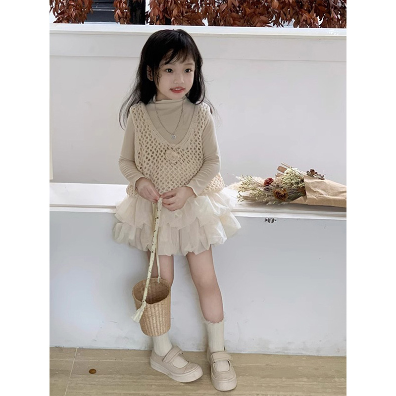 Lazy Gentle suit Girls' Children's Wear Early Autumn Long-Sleeved Base-Layer Shirt Hollow Knitted Vest Double-Layer Mesh Skirt
