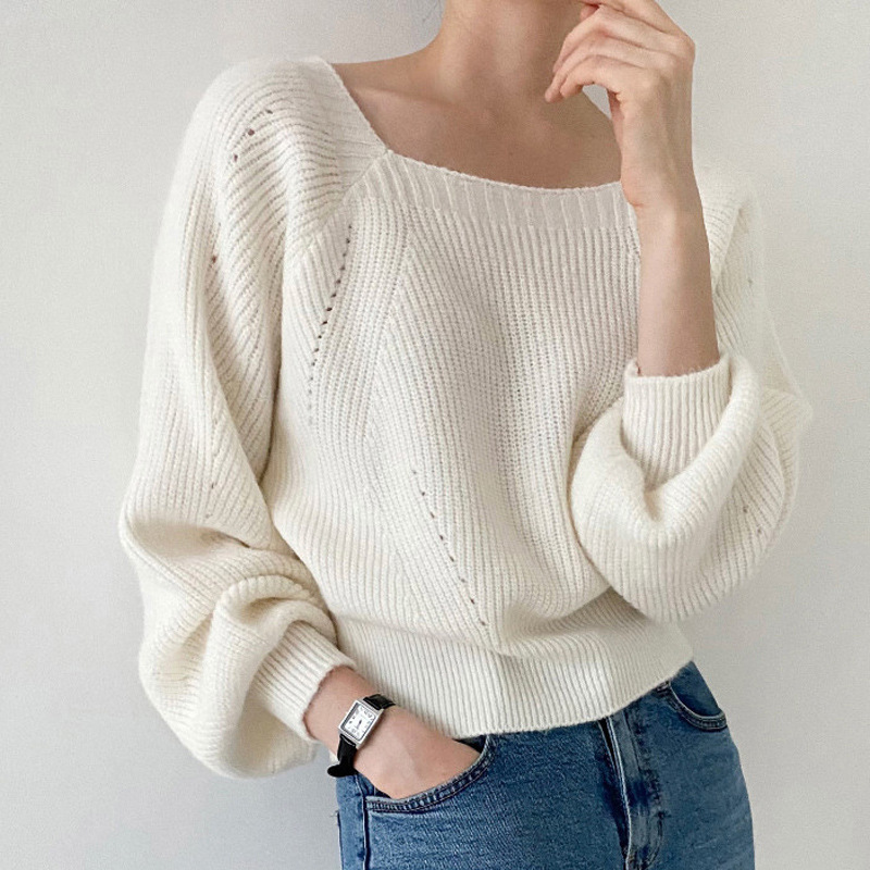 South Korea chic autumn and winter French style retro square collar off-the-collarbone pullover loose casual long sleeve sweater sweater for women