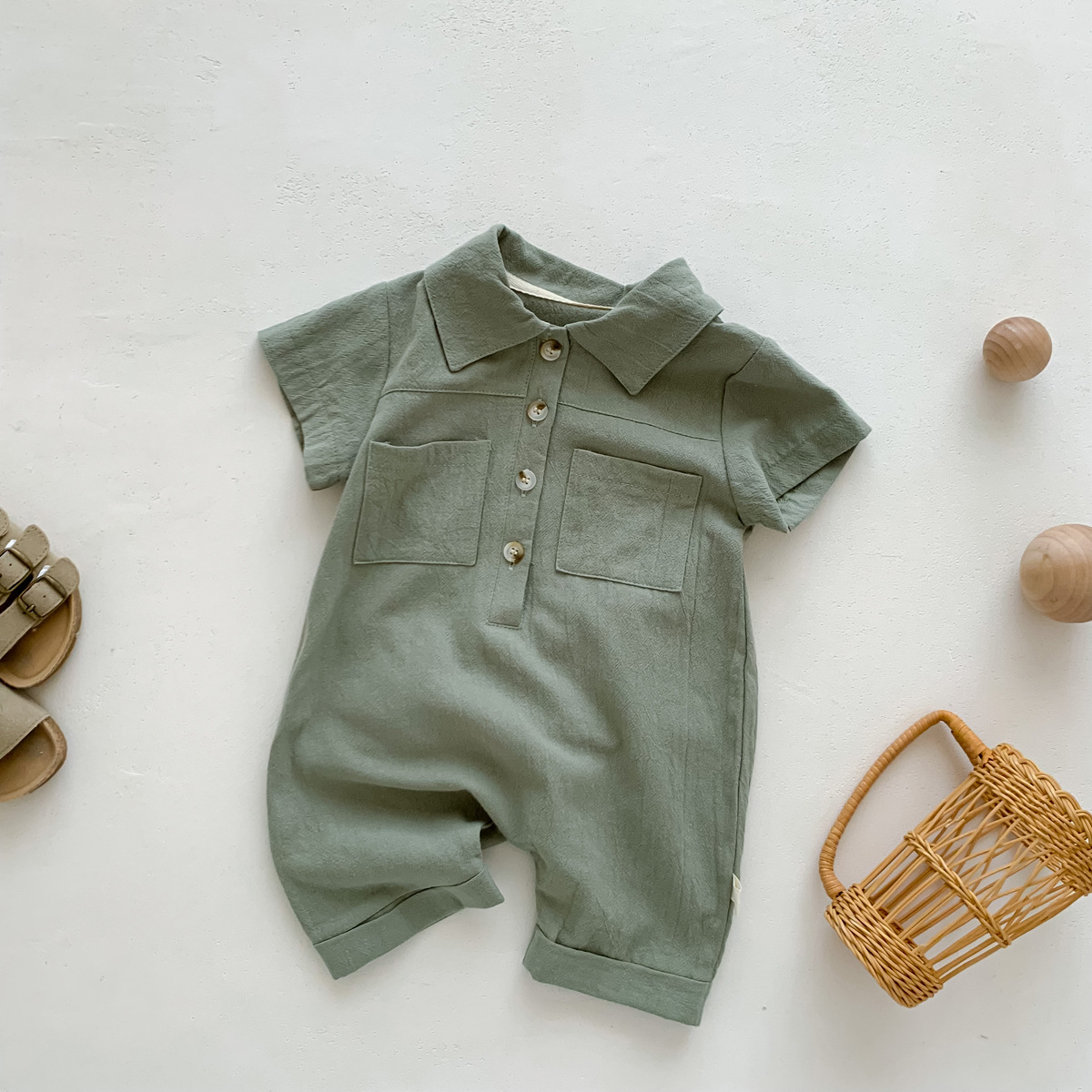 Picture of Summer Boys' Short-Sleeved Jumpsuit, Korean Style Baby Boy's Stylish Front-Buttoned Newborn Girl's Clothes, Crawling Clothes
