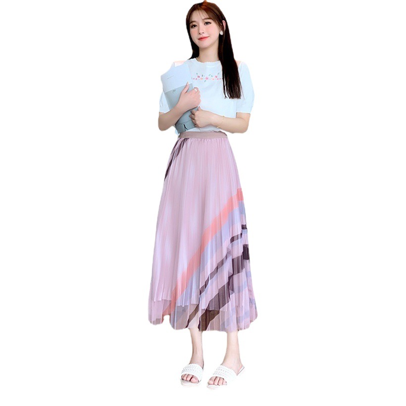 Rainbow Skirt Women's Spring and Summer 2023 New Draping Slimming Mesh Long Skirt Slim-fit A- line High Waist Mid-length Dress