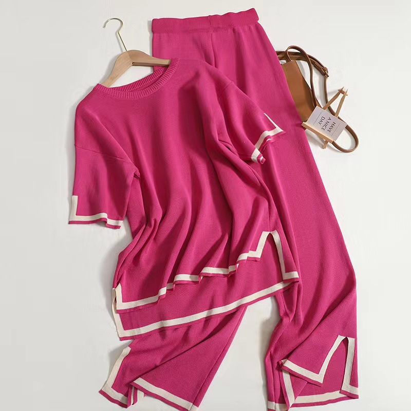 New Fashion Set with Contrasting Color Slit Short-Sleeved Knitwear + High-Waist Slimming Look Wide-Leg Pants and Trousers Two-Piece Set
