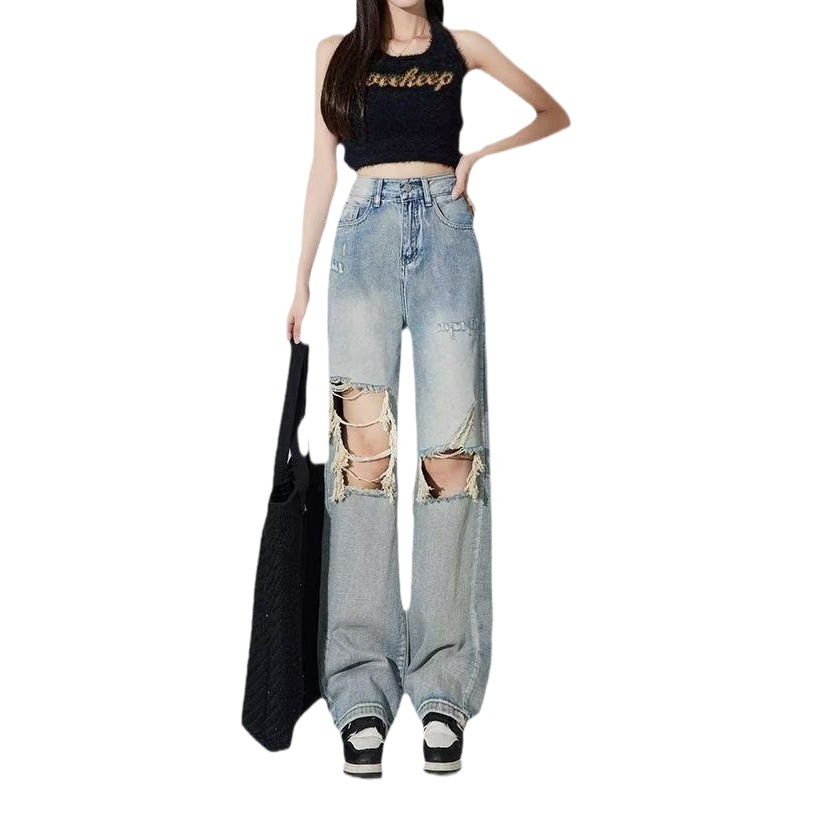 Vintage Retro Ripped Long Wide Leg Jeans Women's Spring and Autumn New High Waist Loose Slimming Straight Pants