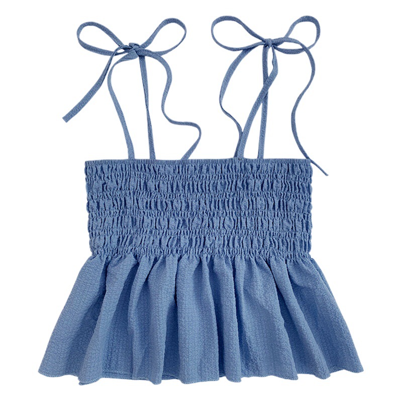 French Style Sweet Seaside Camisole Women's Inner Wear Summer Outer Wear Slimming Short Blue Strapless Top Summer