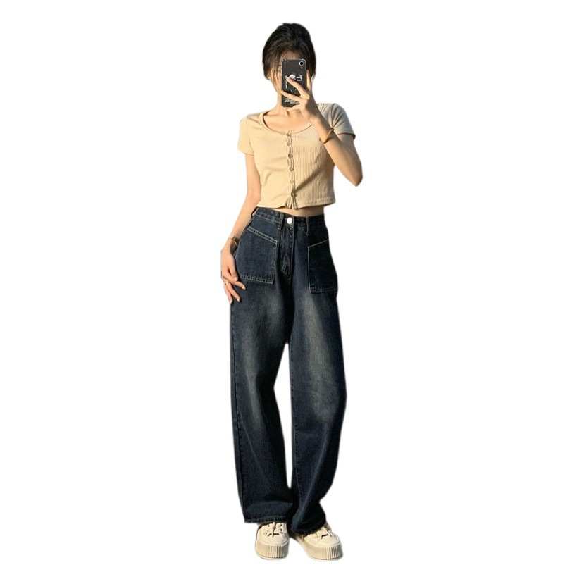 American Style Large Pocket Personalized High Street Wide Leg Jeans Women's High Waist Slimming Loose Hanging Straight Pants