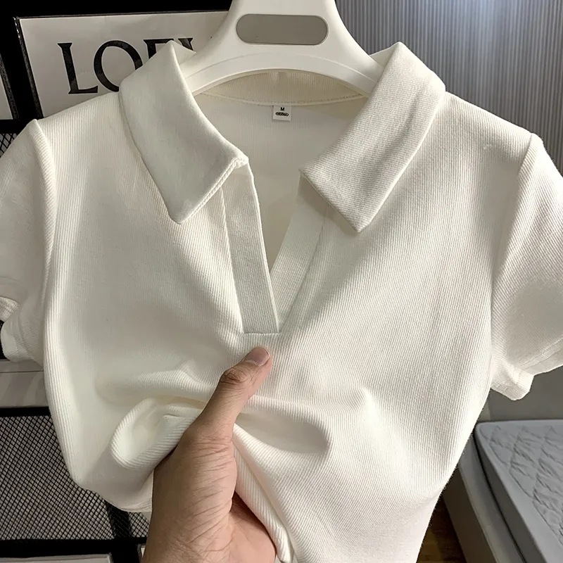 Pure Desire Style Thread Shoulder Short-sleeved T-shirt Short Polo Shirt Women's Summer Slim-fit Slimming Spice Girl Top