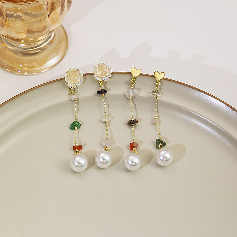 Korean Style Rose Tassel Earrings Love Silver Needle Contrast Beaded Earrings Niche Elegant Flower Pearl Earrings