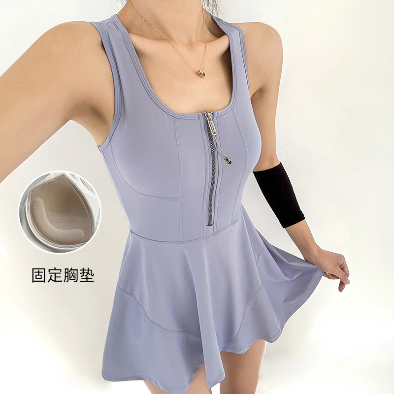 One-piece Front Zipper with Chest Pad One-piece Sports Tennis Yoga Fitness Skirt with Lining Anti-running Light dress Women