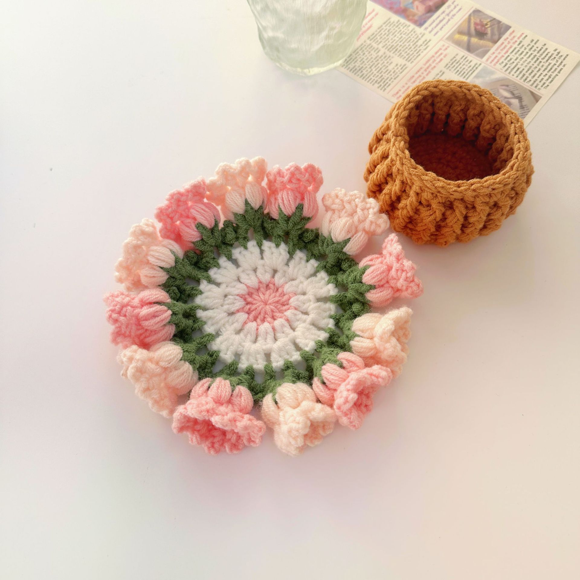 Picture of Beginner Handmade Weaving DIY Materials Kit, Yarn, Crochet, Lily of the Valley Gradient Coaster Gift for Girlfriend