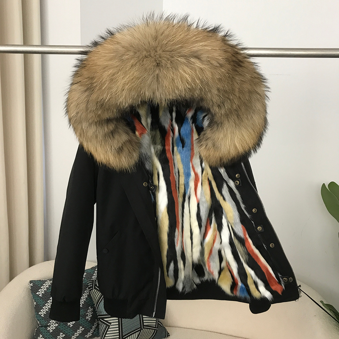 New parka short fashion fur coat women's oversized raccoon fur collar detachable faux mink artificial fur inside