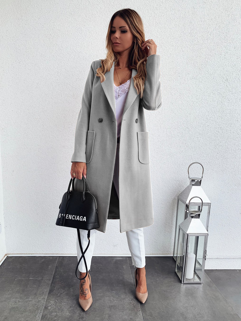 Picture of Ebay Amazon wish explosions autumn and winter solid color long sleeve double pocket suit collar tweed coat women