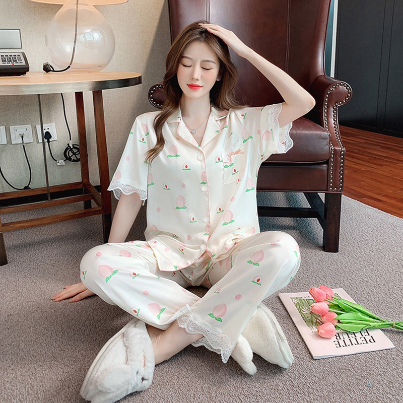 Pajamas women's summer ice silk cardigan short sleeve trousers home clothes thin sweet peach home clothes suit wholesale