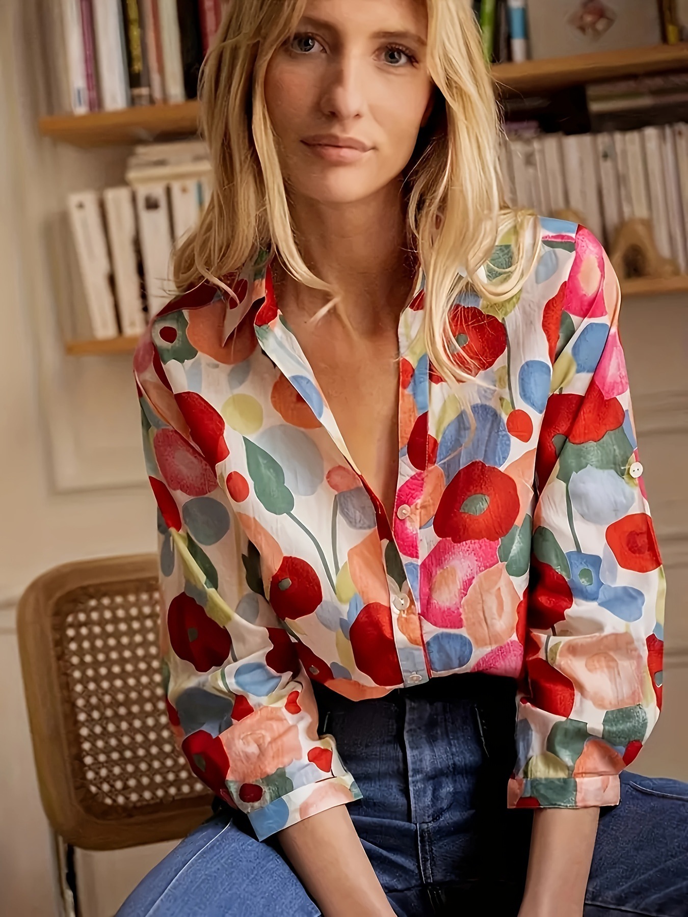 Cross-Border Export 2025 Tropical Flower Print Women's Fashion Long-Sleeved Shirt New Hot-Selling Floral Shirt
