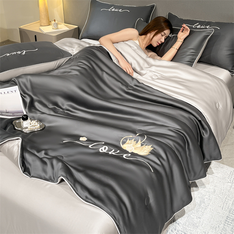 Picture of Washed Ice Silk Summer Quilt Four-piece Solid Color Embroidered Cool Air Conditioned Quilt Summer Gift Summer Quilt Summer Thin Quilt