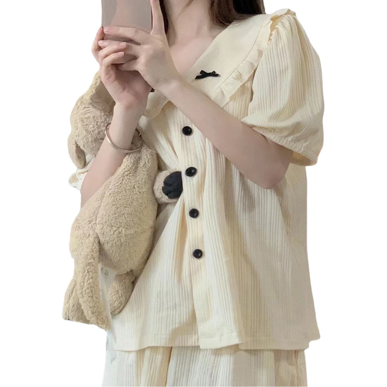 Shake Voice Live Broadcast Summer Doll Collar Pajamas Women's Short-sleeved Bow Cute Loose Pit Strip Foreign Trade Cross-border Home Clothes