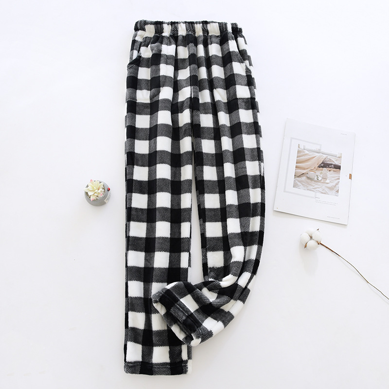 Flannel pajama pants men's autumn and winter fleece-lined thickened straight pants loose plus size winter warm home pants trousers