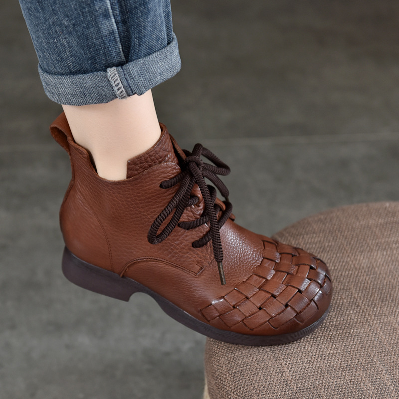 Retro Hand-Woven Genuine Leather Women's Boots Soft-Soled Low Boots Autum First-Layer Cowhide Lace-Up Round-Toe Short Boots