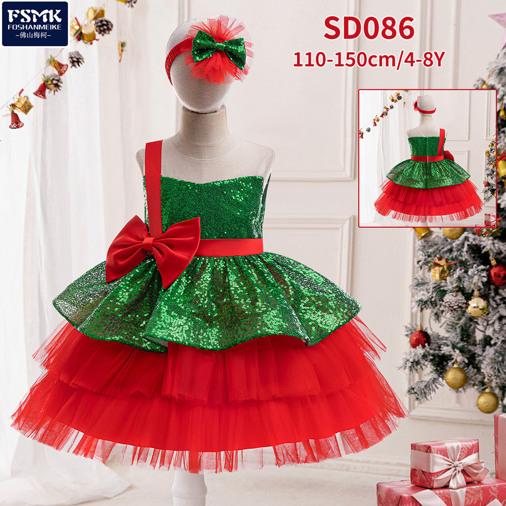 European and American Christmas Children's Dress Red and Green Sequins Mesh Puffy Princess Dress Party Performance Dress Girls Evening Dress