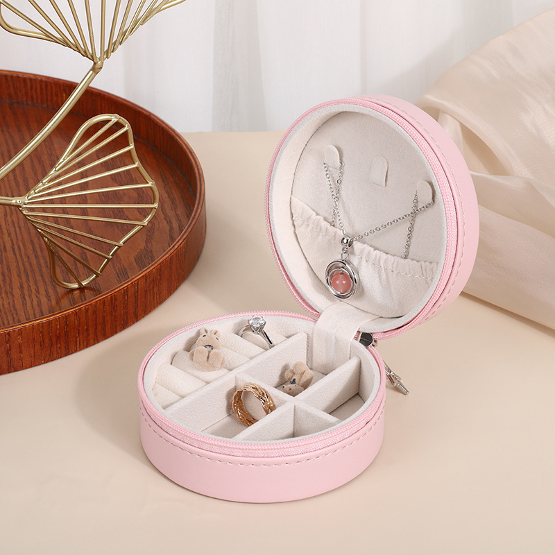 Picture of PU leather round jewelry box portable earrings earrings necklace ring compartment storage box travel jewelry box