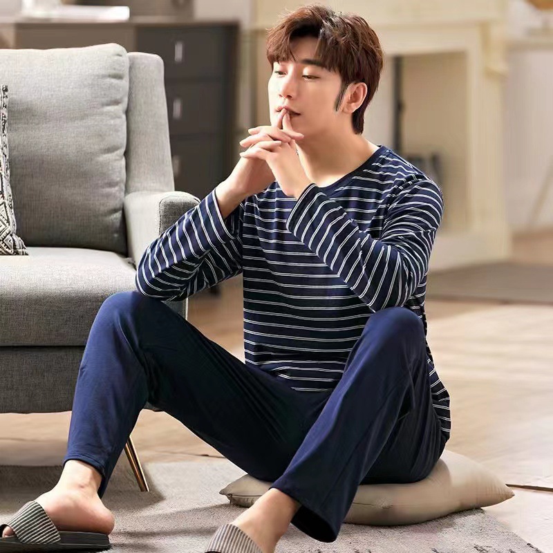 Pajamas Men's Spring and Autumn High Quality Long Sleeve Trousers Four Seasons Teenager Plus Size Outwear suit