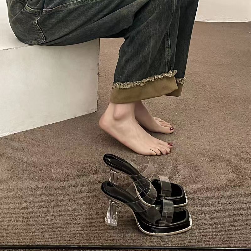 High-heeled slippers for women 2024 new summer outdoor fairy style transparent crystal heel waterproof platform thick heel sandals