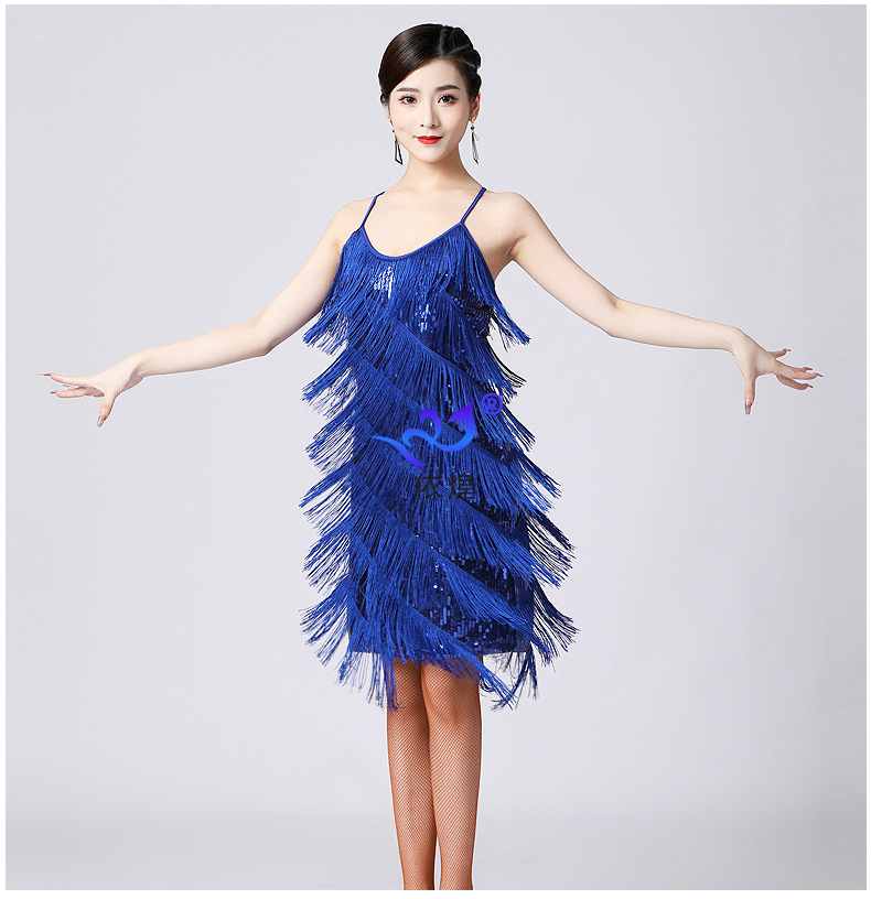 Picture of Latin Dance Sequined Tassel Skirt Latin Dance Skirt V Neck Party Dance Skirt Performance Clothing Stage Performance Competition Clothing