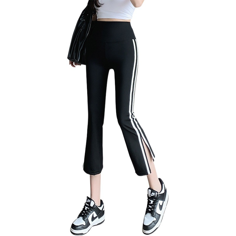 Shark Bell-Bottom Pants for Women That Can Be Worn Outside, Thin Summer Leggings for Small People, High Waist, White Edge Slits, Slightly Flared Yoga Pants