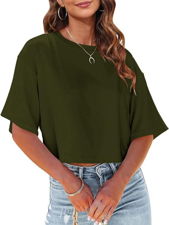 Cross-Border 2025 Amazon Wish European and American Clothing Spring and Summer Casual Pure Color Round Neck Loose Short Navel-Baring T-Shirt