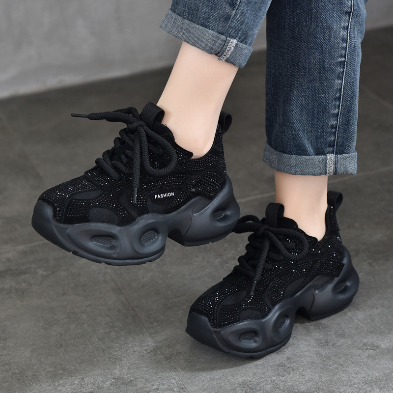 Little Man's Gypsophila Rhinestone Dad Shoes Women's 2025 Autumn Genuine Leather Thick-Soled Platform Shoes Women's Casual Shoes