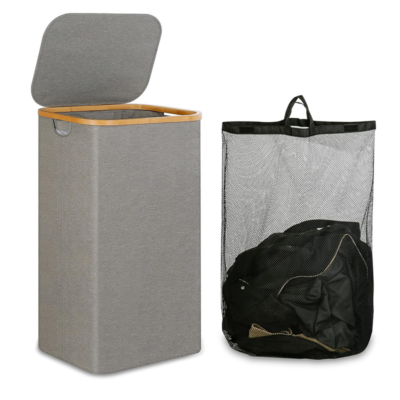 Picture of Dirty Clothes Basket Home Dirty Clothes Basket Bamboo and Wooden Handler with Lid Storage Basket Nordic Simple Bathroom Home Bamboo Cloth Laundry Basket