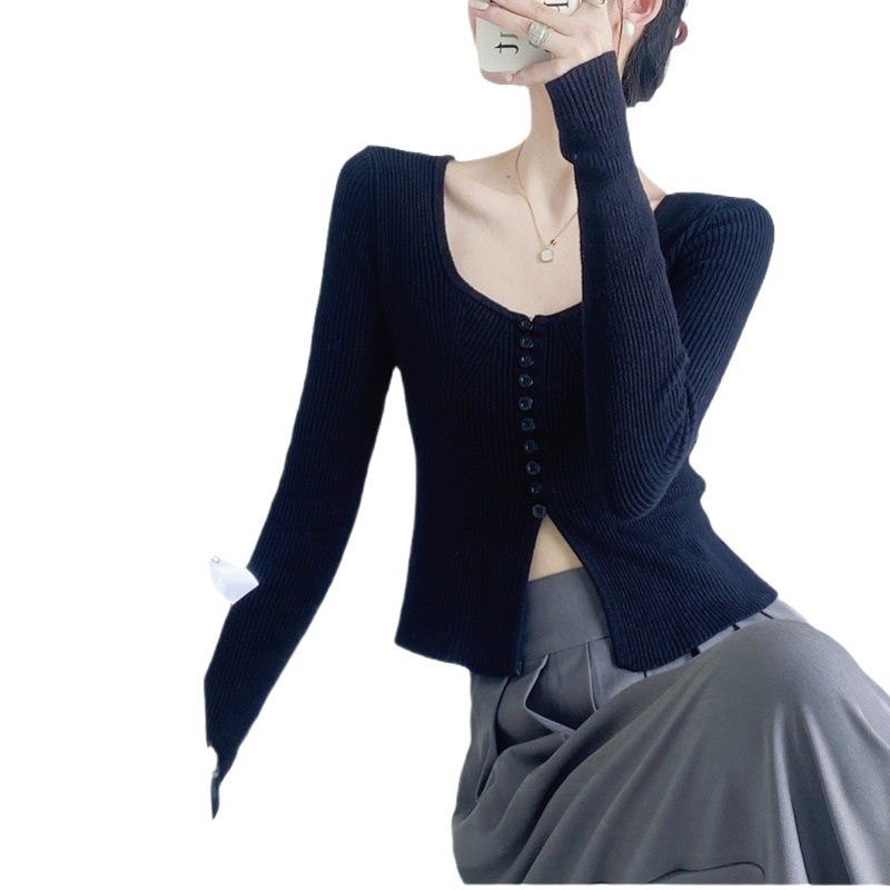 Pure Collarbone Square Collar Knitted Base Shirt Women's Autumn and Winter High-grade Grey Sweater Inner Design Niche Top