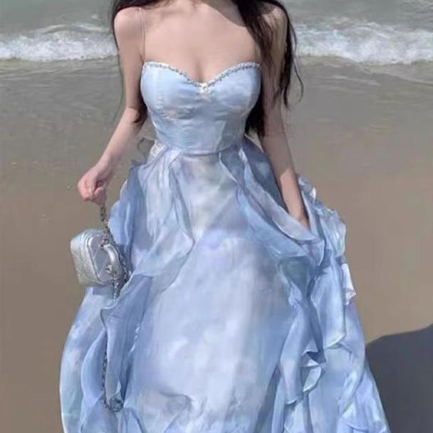Tea Break French Blue Sling dress Women's Summer New Seaside Holiday Beach Long Dress Sunset Fairy Dress