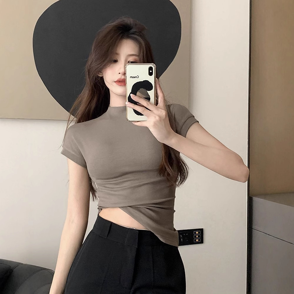 Real Shot Summer Pure Desire Style Thread Cotton Slim-fit Slimming Half-high Neck Short Short-sleeved T-shirt Ins Chest-revealing Base Top