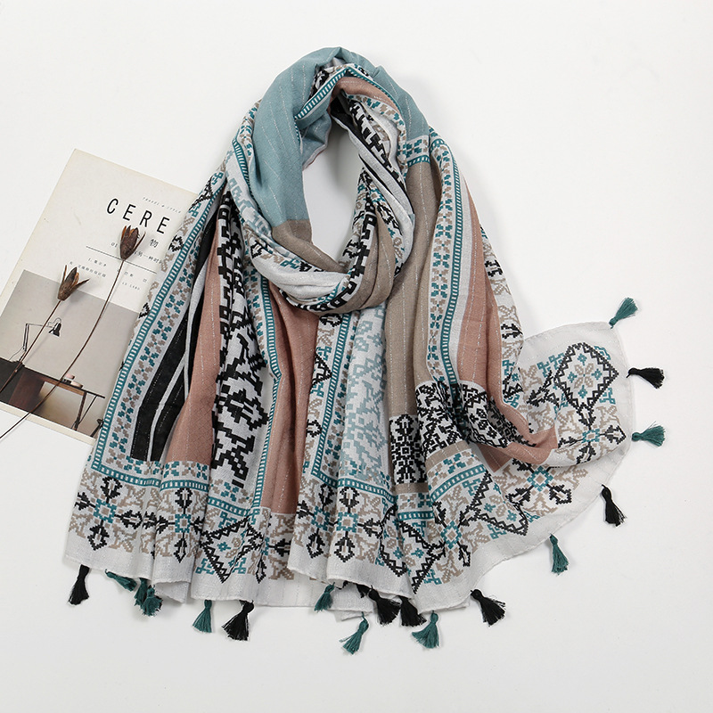 Picture of New Artistic Fresh Cotton and Linen Retro Tassel Scarf Women's Printed Beautiful Silk Scarf Japanese Sunscreen Shawl