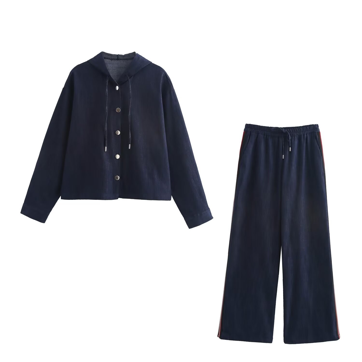 European and American Style Women's Clothing Export New Hooded Casual Loose Denim Top + Stripesd High Waist Jeans Suit
