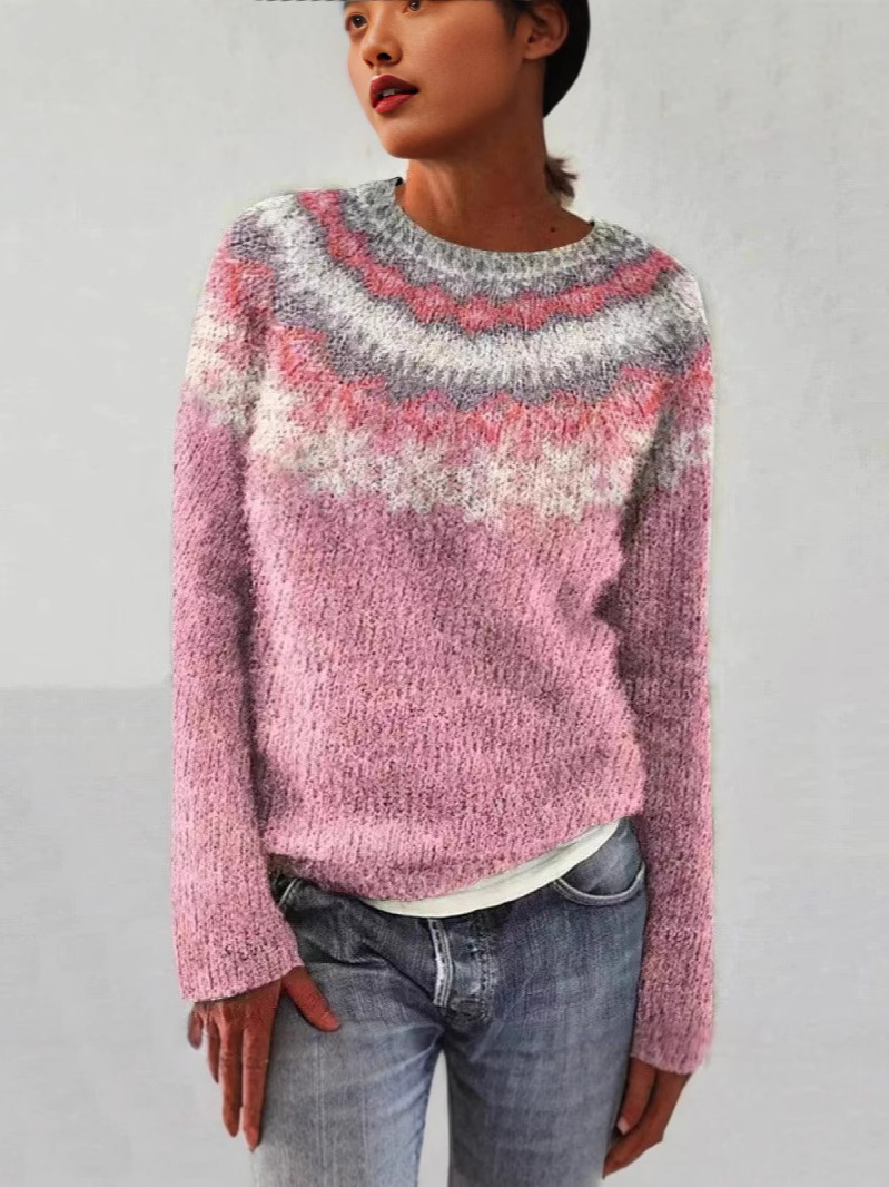 Amazon European and American New Knitwear Women's Wish Hot-Selling Round Neck Color Matching Loose Fashion Pullover Knitwear