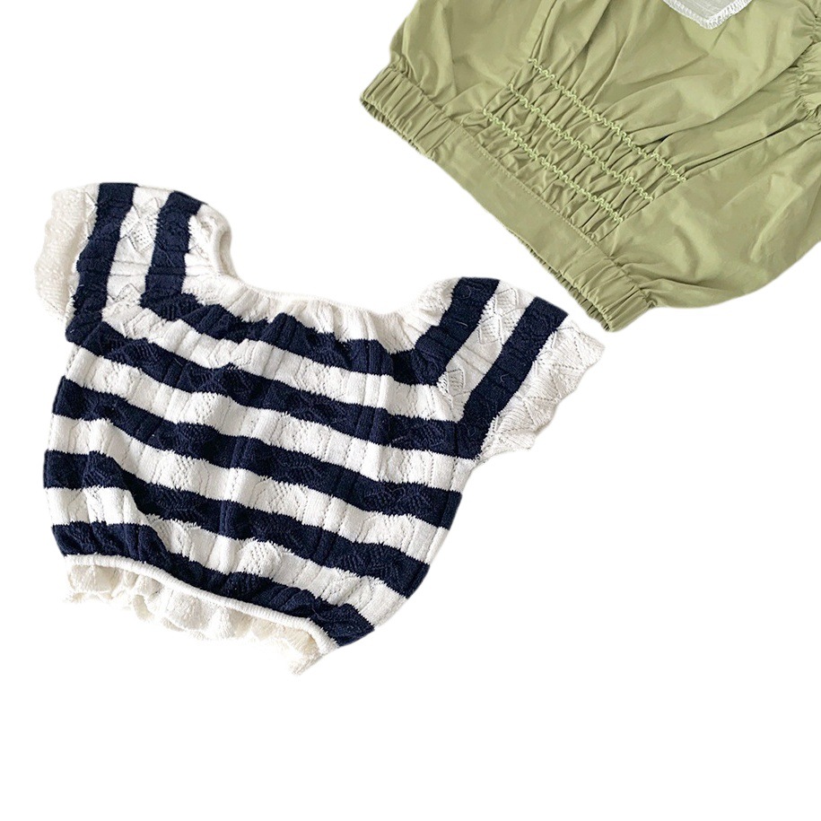 Cutemily summer girls' hollow-out knitted T-shirt contrast color breathable cotton short sleeve round neck lapel T-shirt