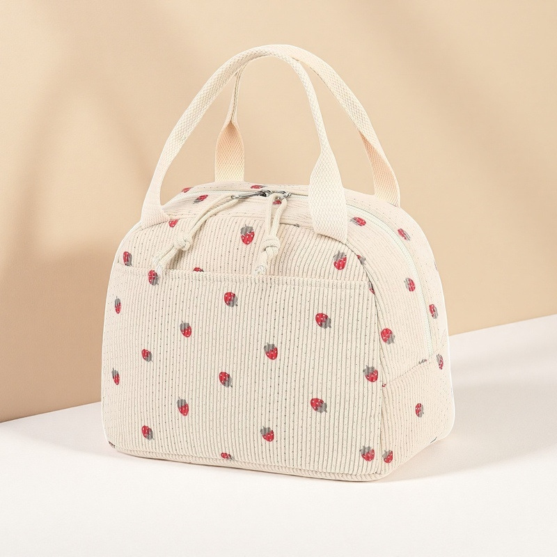 Cross-border Hot Sale Corduroy Strawberry Large Capacity Lunch Bag Travel Travel Spring Tour Picnic Ice Bag Work Insulation Bag