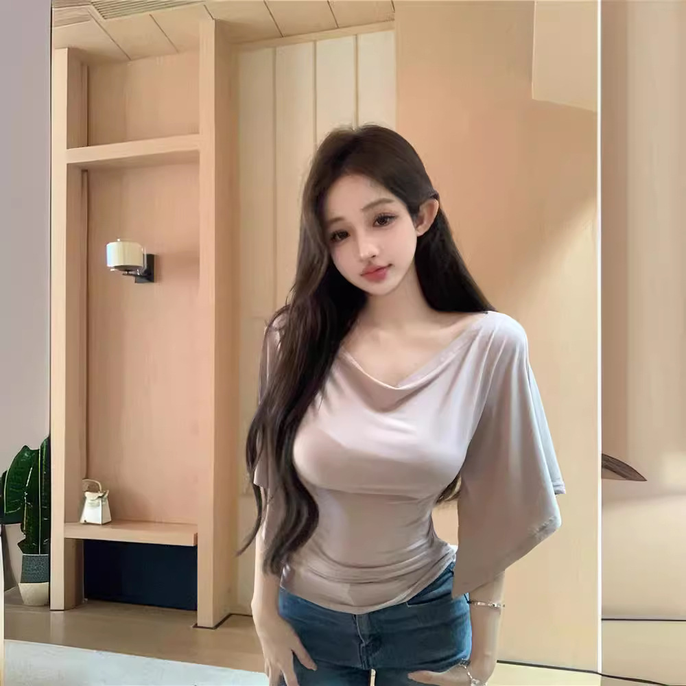 Spice Girls Slim-Fit Swing Collar Seven-Sleeve Knitted T-Shirt Women's Summer Tight-Fit Slimming Design Sense Chic All-Match Small Top
