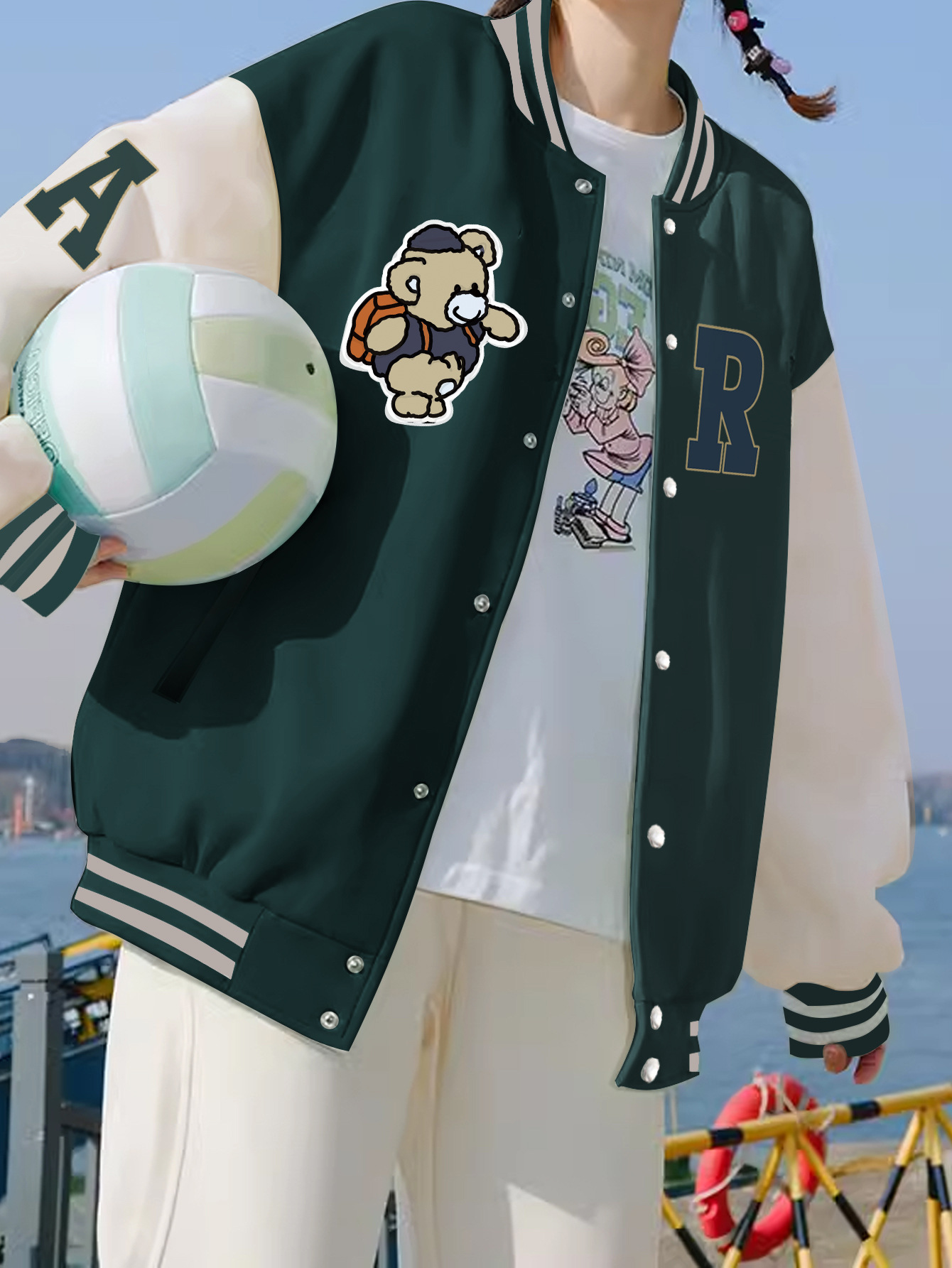 Women's Casual Baseball Dress Colorblock Three-place Print Jacket