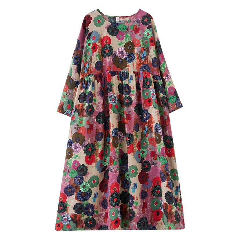 2023 Autumn New plus size women's clothing Korean style artistic loose slimming long sleeve printed cotton and linen dress IF5009