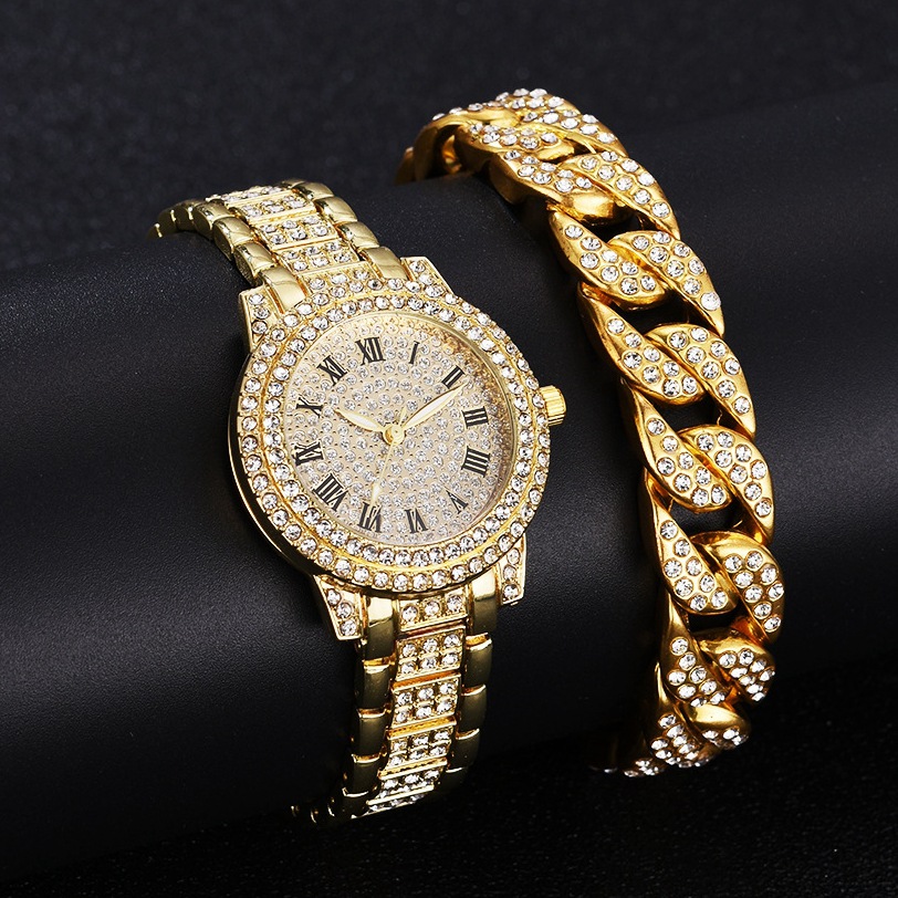Tiktok trendy popular Roman digital luxury diamond-embedded Cuban bracelet with women's watch fashion hip hop steel watch