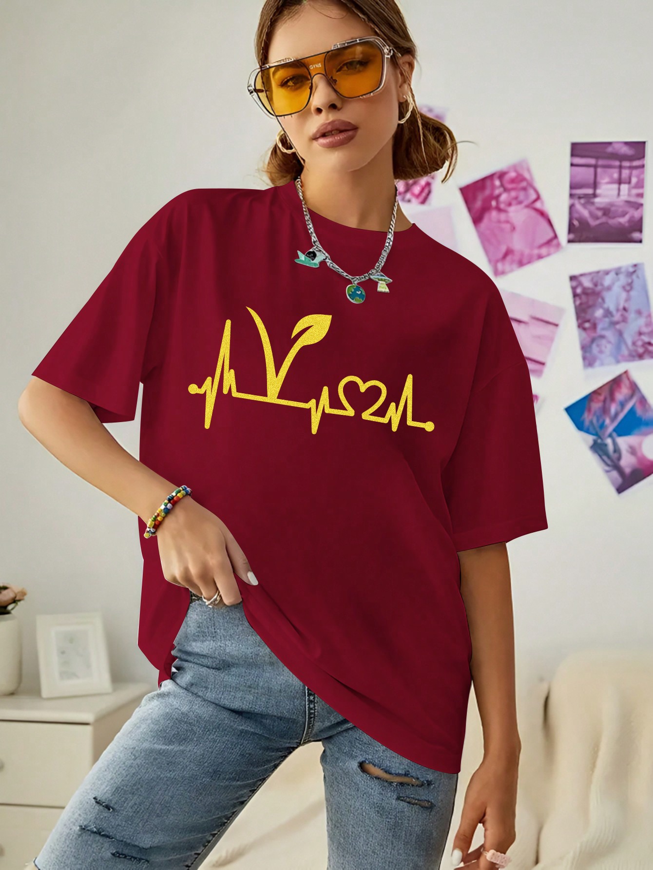 Fashion All-match Casual Shoulder Short-sleeved T-shirt Love Line Printed Pattern