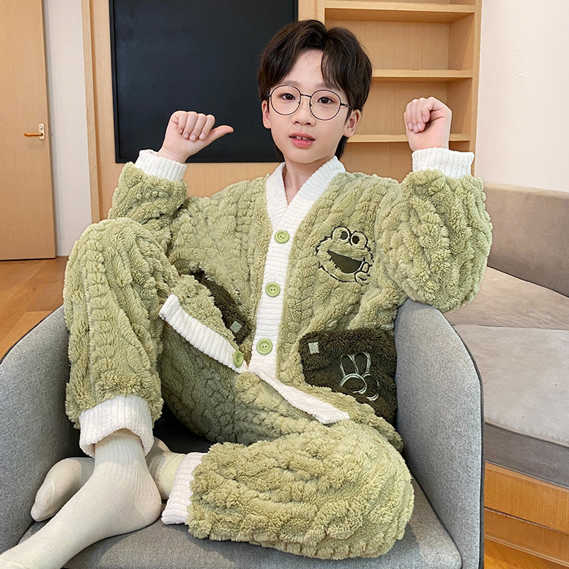 Picture of Children's coral fleece pajamas for boys autumn and winter 2024 new winter jacquard fleece home clothes for teenagers and little boys