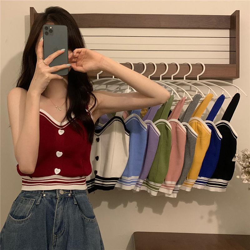 2023 New Summer Pure Desire Knitted Versatile Camisole Women's Outer Wear Sweet and Spicy Short Top for Women