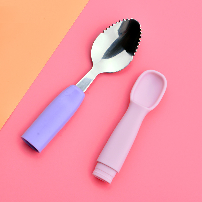 Picture of Factory direct children's fruit scraping spoon double stainless steel scraping spoon silicone spoon baby fruit scraping spoon